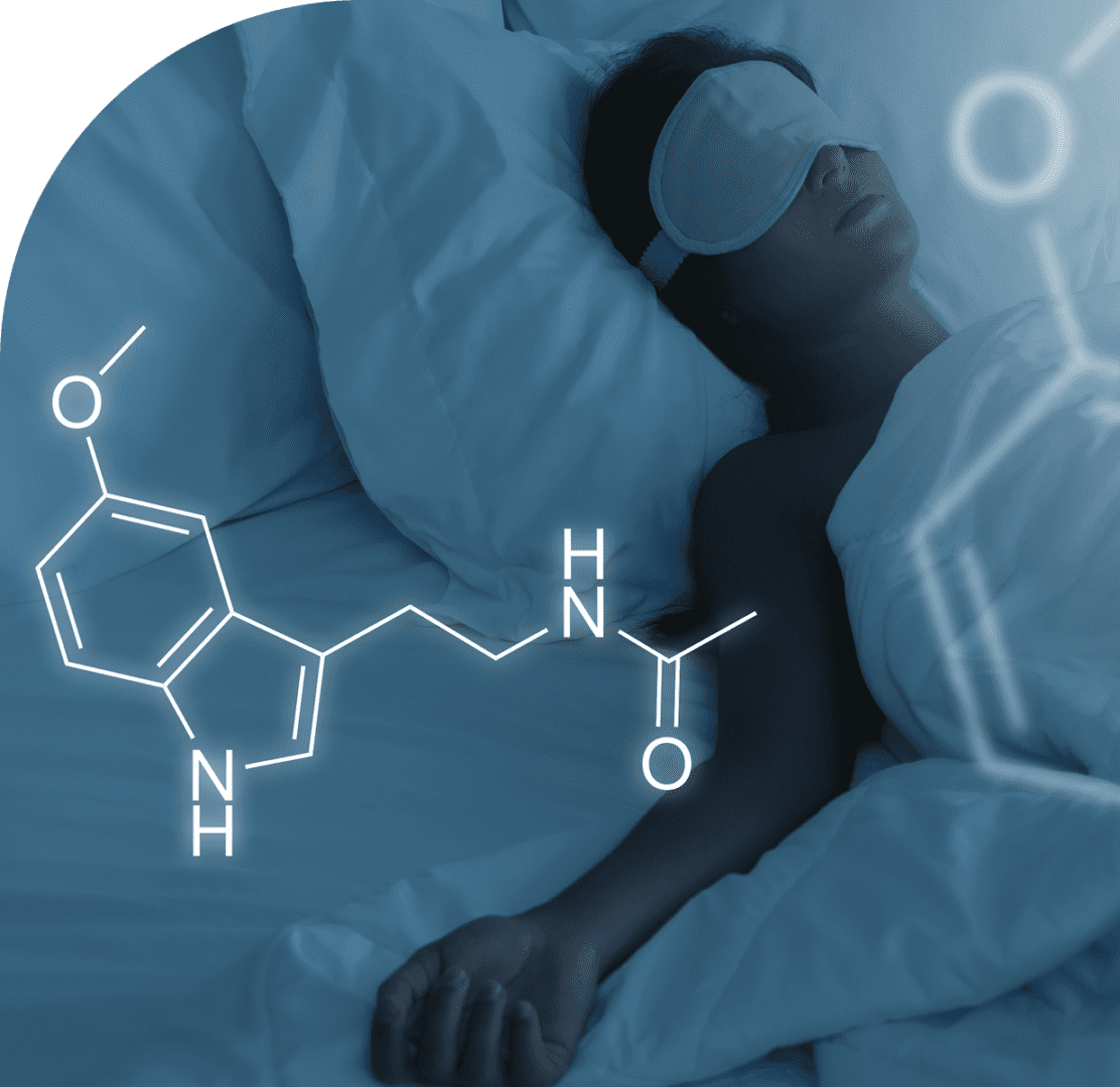 Person sleeping with melatonin molecule overlay